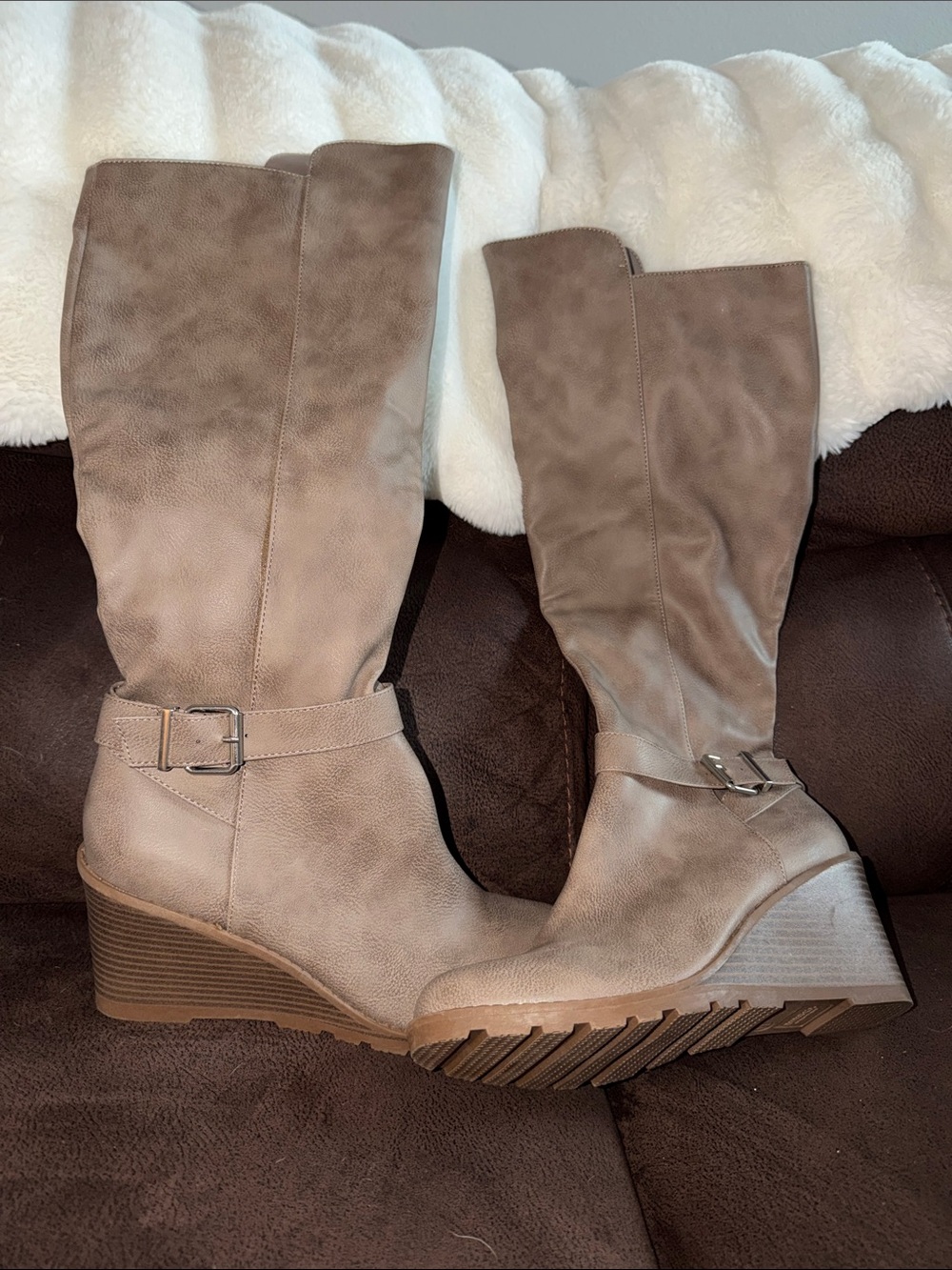 Wedge Knee-High Boots in Taupe with Buckle Detail
